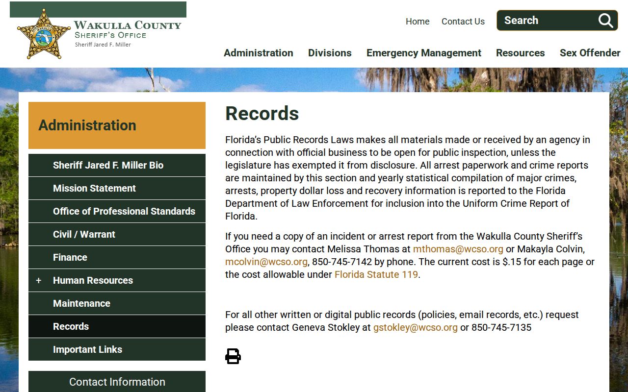 WCSO records contacts and fee