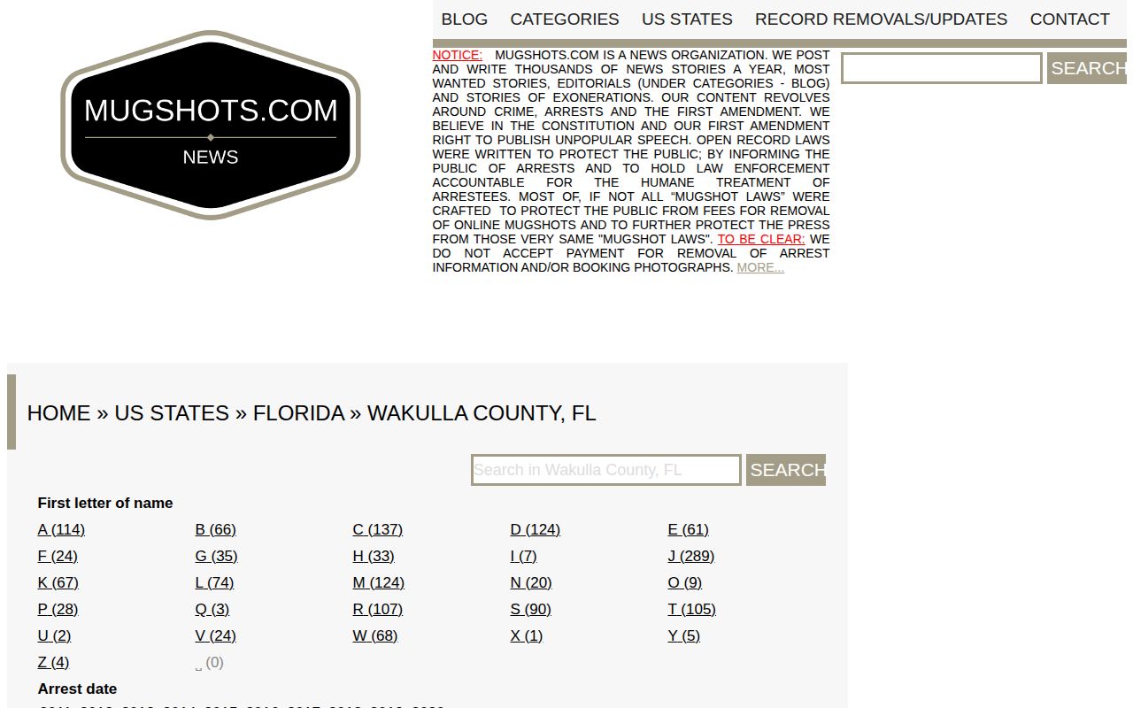 Unofficial historical Wakulla County arrest index search page